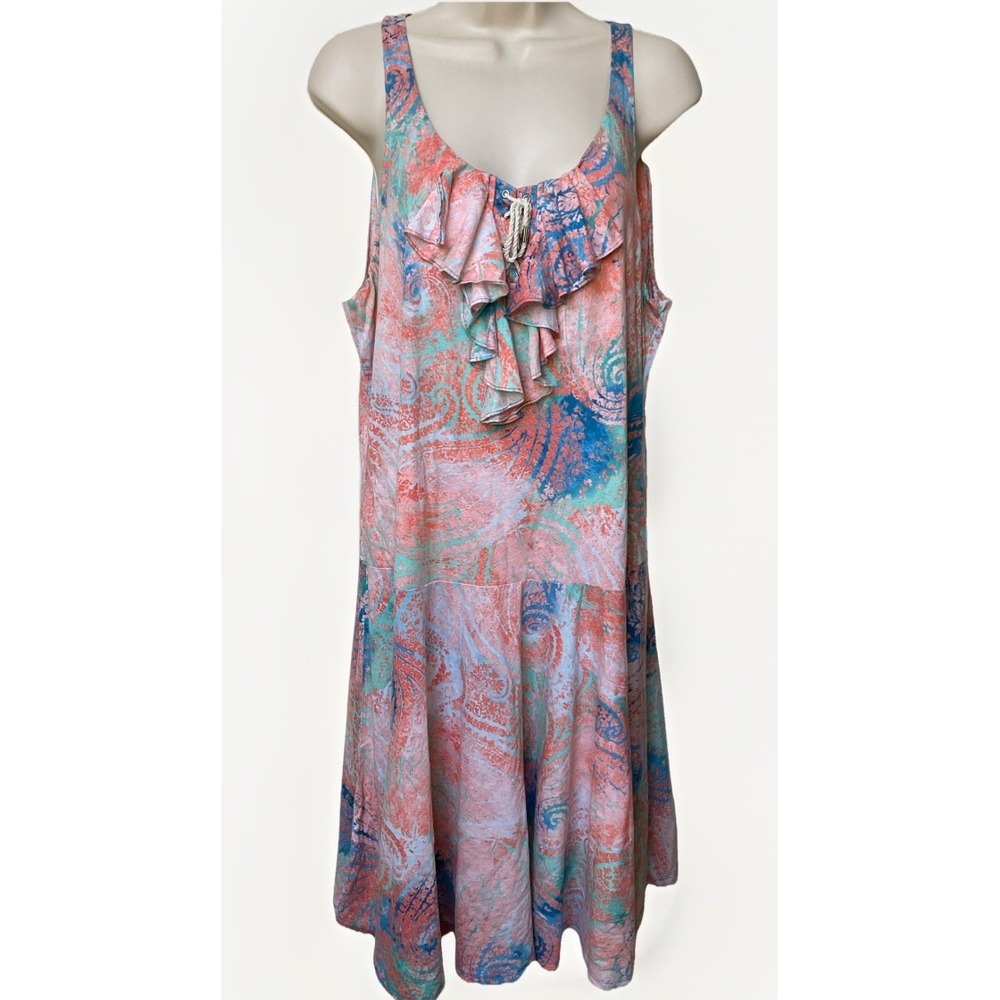 Ralph Lauren Jeans Cotton Dress XL Ruffle Drop Waist Boho Beachy Abstract pastel